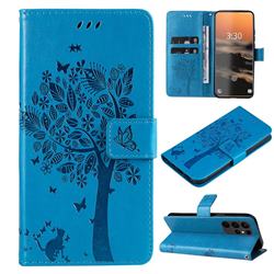 Embossing Butterfly Tree Leather Wallet Case for Samsung Galaxy S23 Ultra - Blue