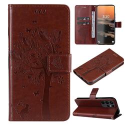 Embossing Butterfly Tree Leather Wallet Case for Samsung Galaxy S23 Ultra - Coffee