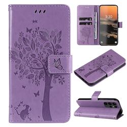 Embossing Butterfly Tree Leather Wallet Case for Samsung Galaxy S23 Ultra - Violet