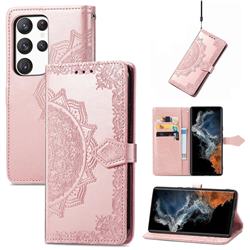 Embossing Imprint Mandala Flower Leather Wallet Case for Samsung Galaxy S23 Ultra - Rose Gold