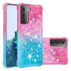 Rainbow Gradient Liquid Glitter Quicksand Sequins Phone Case for Samsung Galaxy S21 - Pink Blue