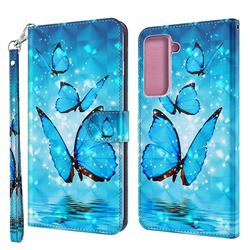 Blue Sea Butterflies 3D Painted Leather Wallet Case for Samsung Galaxy S21 / Galaxy S30
