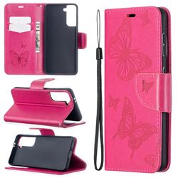 Embossing Double Butterfly Leather Wallet Case for Samsung Galaxy S21 / Galaxy S30 - Red