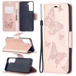 Embossing Double Butterfly Leather Wallet Case for Samsung Galaxy S21 / Galaxy S30 - Rose Gold