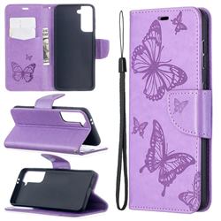 Embossing Double Butterfly Leather Wallet Case for Samsung Galaxy S21 / Galaxy S30 - Purple