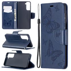 Embossing Double Butterfly Leather Wallet Case for Samsung Galaxy S21 / Galaxy S30 - Dark Blue