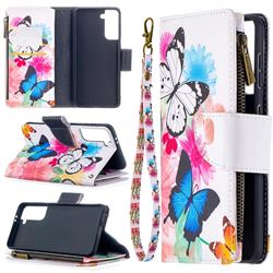 Vivid Flying Butterflies Binfen Color BF03 Retro Zipper Leather Wallet Phone Case for Samsung Galaxy S21 / Galaxy S30