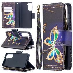 Golden Shining Butterfly Binfen Color BF03 Retro Zipper Leather Wallet Phone Case for Samsung Galaxy S21 / Galaxy S30