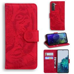 Intricate Embossing Tiger Face Leather Wallet Case for Samsung Galaxy S21 / Galaxy S30 - Red