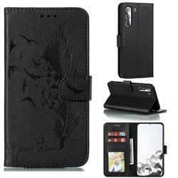 Intricate Embossing Lychee Feather Bird Leather Wallet Case for Samsung Galaxy S21 / Galaxy S30 - Black