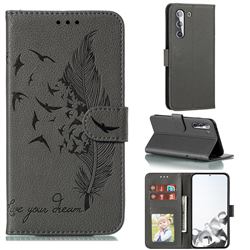 Intricate Embossing Lychee Feather Bird Leather Wallet Case for Samsung Galaxy S21 / Galaxy S30 - Gray