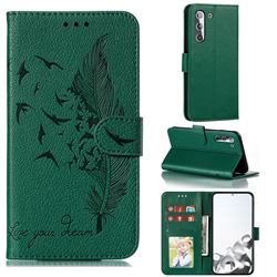 Intricate Embossing Lychee Feather Bird Leather Wallet Case for Samsung Galaxy S21 / Galaxy S30 - Green