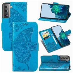 Embossing Mandala Flower Butterfly Leather Wallet Case for Samsung Galaxy S21 / Galaxy S30 - Blue