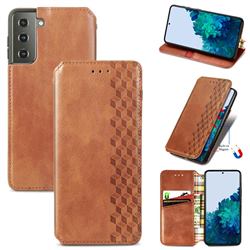 Ultra Slim Fashion Business Card Magnetic Automatic Suction Leather Flip Cover for Samsung Galaxy S21 / Galaxy S30 - Brown