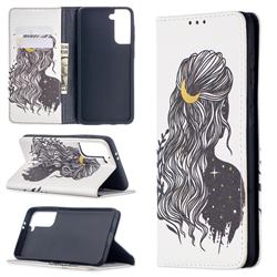 Girl with Long Hair Slim Magnetic Attraction Wallet Flip Cover for Samsung Galaxy S21 / Galaxy S30