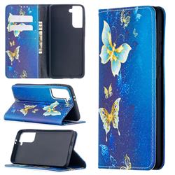 Gold Butterfly Slim Magnetic Attraction Wallet Flip Cover for Samsung Galaxy S21 / Galaxy S30