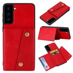 Retro Multifunction Card Slots Stand Leather Coated Phone Back Cover for Samsung Galaxy S21 - Red
