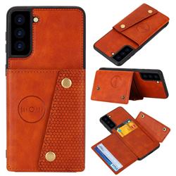 Retro Multifunction Card Slots Stand Leather Coated Phone Back Cover for Samsung Galaxy S21 - Brown