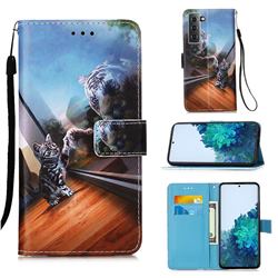 Mirror Cat Matte Leather Wallet Phone Case for Samsung Galaxy S21