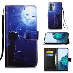 Cat and Moon Matte Leather Wallet Phone Case for Samsung Galaxy S21