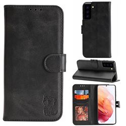 Embossing Happy Cat Leather Wallet Case for Samsung Galaxy S21 - Black