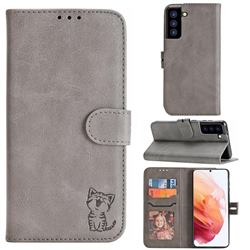 Embossing Happy Cat Leather Wallet Case for Samsung Galaxy S21 - Gray