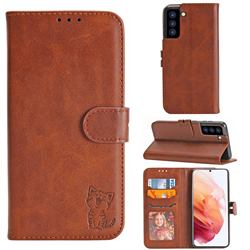 Embossing Happy Cat Leather Wallet Case for Samsung Galaxy S21 - Brown