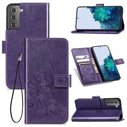 Embossing Imprint Four-Leaf Clover Leather Wallet Case for Samsung Galaxy S21 - Purple