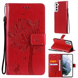 Embossing Butterfly Tree Leather Wallet Case for Samsung Galaxy S21 - Red