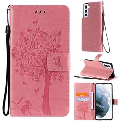 Embossing Butterfly Tree Leather Wallet Case for Samsung Galaxy S21 - Pink