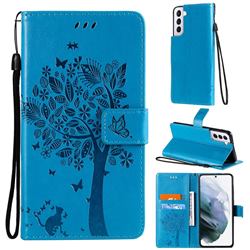 Embossing Butterfly Tree Leather Wallet Case for Samsung Galaxy S21 - Blue