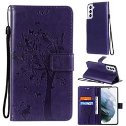 Embossing Butterfly Tree Leather Wallet Case for Samsung Galaxy S21 - Purple