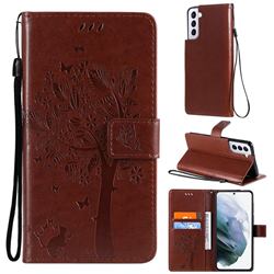 Embossing Butterfly Tree Leather Wallet Case for Samsung Galaxy S21 - Coffee