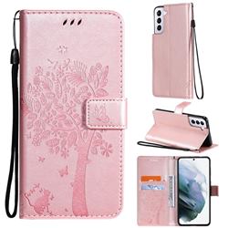 Embossing Butterfly Tree Leather Wallet Case for Samsung Galaxy S21 - Rose Pink