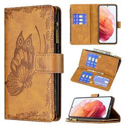 Binfen Color Imprint Vivid Butterfly Buckle Zipper Multi-function Leather Phone Wallet for Samsung Galaxy S21 - Brown