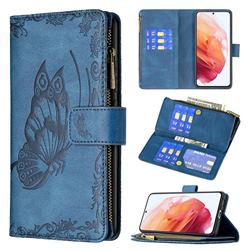 Binfen Color Imprint Vivid Butterfly Buckle Zipper Multi-function Leather Phone Wallet for Samsung Galaxy S21 - Blue