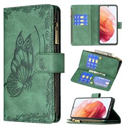 Binfen Color Imprint Vivid Butterfly Buckle Zipper Multi-function Leather Phone Wallet for Samsung Galaxy S21 - Green
