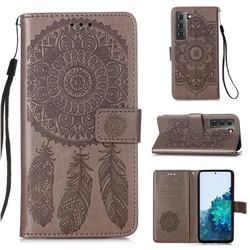 Embossing Dream Catcher Mandala Flower Leather Wallet Case for Samsung Galaxy S21 - Gray