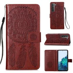 Embossing Dream Catcher Mandala Flower Leather Wallet Case for Samsung Galaxy S21 - Brown