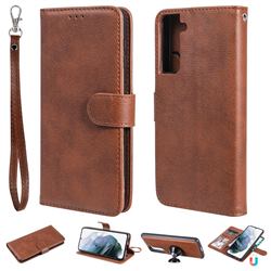 Retro Greek Detachable Magnetic PU Leather Wallet Phone Case for Samsung Galaxy S21 - Brown