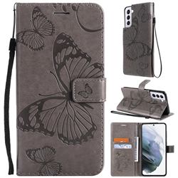 Embossing 3D Butterfly Leather Wallet Case for Samsung Galaxy S21 - Gray