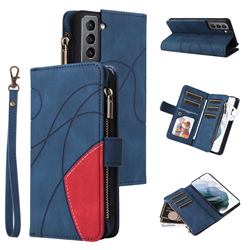 Luxury Two-color Stitching Multi-function Zipper Leather Wallet Case Cover for Samsung Galaxy S21 - Blue