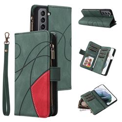 Luxury Two-color Stitching Multi-function Zipper Leather Wallet Case Cover for Samsung Galaxy S21 - Green