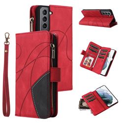 Luxury Two-color Stitching Multi-function Zipper Leather Wallet Case Cover for Samsung Galaxy S21 - Red