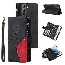 Luxury Two-color Stitching Multi-function Zipper Leather Wallet Case Cover for Samsung Galaxy S21 - Black
