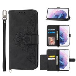 Skin Feel Embossed Lace Flower Multiple Card Slots Leather Wallet Phone Case for Samsung Galaxy S21 - Black