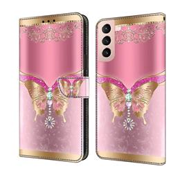Pink Diamond Butterfly Crystal PU Leather Protective Wallet Case Cover for Samsung Galaxy S21