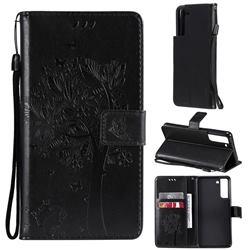 Embossing Butterfly Tree Leather Wallet Case for Samsung Galaxy S21 FE - Black