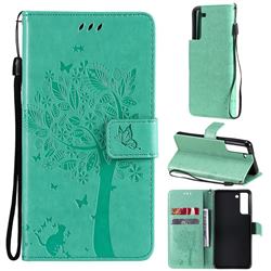 Embossing Butterfly Tree Leather Wallet Case for Samsung Galaxy S21 FE - Cyan