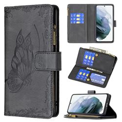 Binfen Color Imprint Vivid Butterfly Buckle Zipper Multi-function Leather Phone Wallet for Samsung Galaxy S21 FE - Black